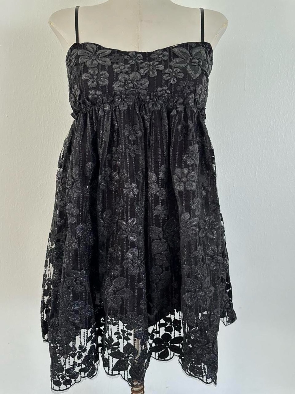Free People Black Lace Floral Spaghetti-Strap Mini Dress
